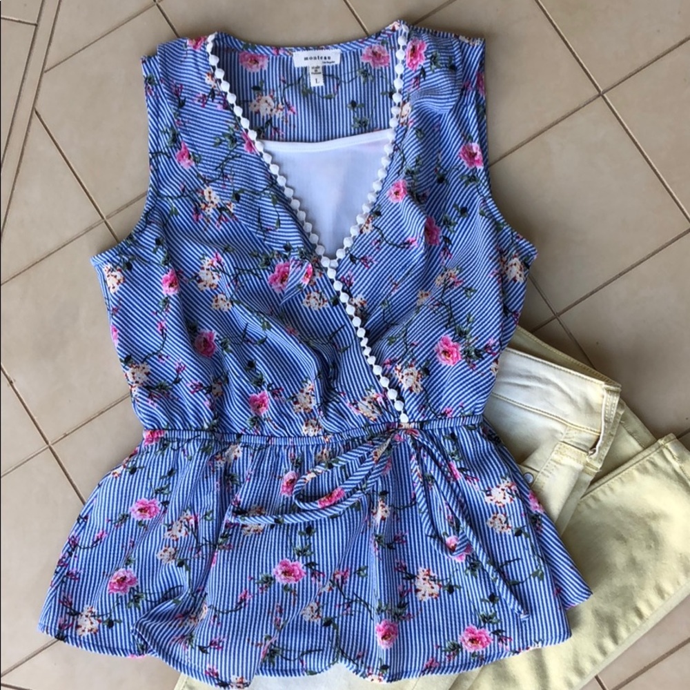Blue & White Floral Spring Blouse Sleeveless Top
